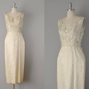 1950s Lee Claire Gown / Beaded Ivory Silk Rose Print Brocade Dress / 50s Beaded Dress / Size Large 