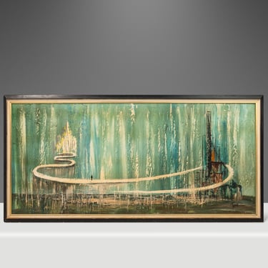 Signed Mid-Century Modern Abstract Surrealism Cityscape Oil on Canvas Painting (Framed), USA, c. 1950's 