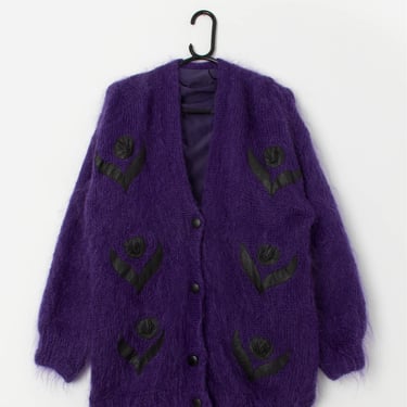 80s purple mohair cardigan coat with black floral appliqué - Large 