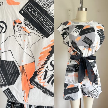 Vintage 1980s Newspaper Novelty Print Romper / M 