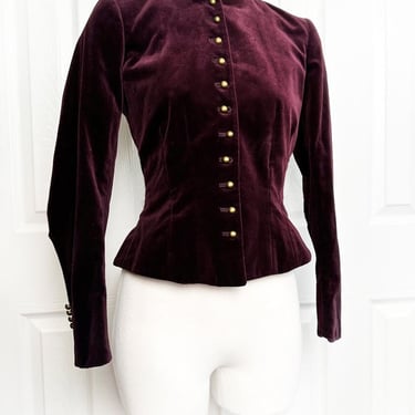 Ralph Lauren Velvet Fitted Jacket Romantic Victorian Vintage Style Brass Buttons Maroon Red Burgundy Cotton Small /2P, Cropped Short Coat 