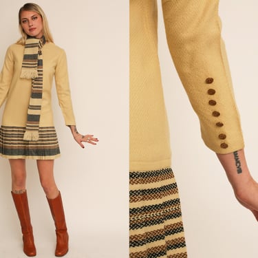 Vintage 1960s 60s Vicky Vaughn Drop Waist Mod Micro Mini Dress w/ Pleated Skirt, Brass Hardware and Attached Scarf 
