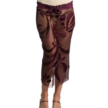 1990S Alberta Ferretti Burgundy Silk Embroidered Skirt 