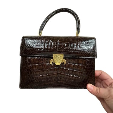 Vintage Brown Faux Patent Leather Embossed Croc Texture Top Handle Purse Bag 