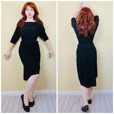 1950S Vintage Black Crepe R+K Originals Wiggle Dress / 50s Studded 3/4 Sleeve Train Dress / Size Small - Medium 