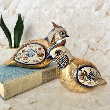 Mexican Pottery Birds, Brass Details, Large Size, Doves, Partidges, Hand Painted, Vintage 60s 70s 