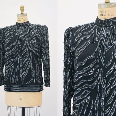 Vintage 80s Black Sequin Top by Oleg Cassini Metallic Sequin Zebra Top Shirt Size Medium Black Silver// Vintage 80s Black Sequin Top 