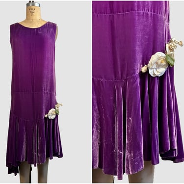 VELVET CRUSH Vintage 20s Purple Flapper Dress with Flower | 1920s Asymmetrical Minimalist | Art Deco Era, Great Gatsby Antique | Size Medium 