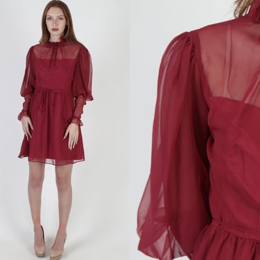 Sheer Burgundy Chiffon Dress / 70s See Through Maroon Cocktail Dress / Romantic Saloon Evening Mini Dress M 