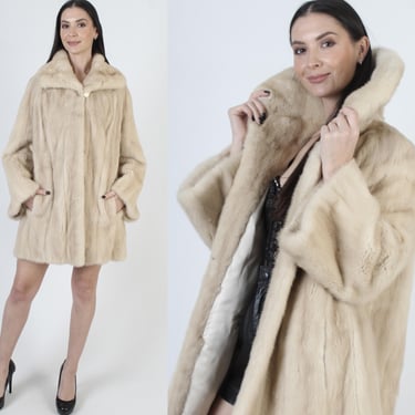 Vintage Fur Back Collar Jacket, Blonde Real Mink Swing Coat, Bell Sleeve Winter Overcoat 