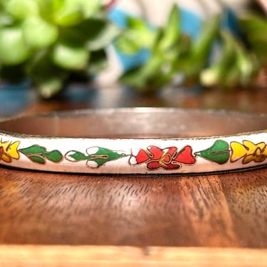 Vintage Cloisonné Bangle Bracelet Enamel Floral Plant Motif Retro Jewelry 
