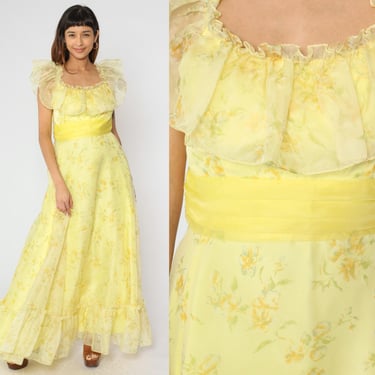 70s Off Shoulder Peasant Dress Yellow Floral Sun Dress Maxi Sundress Boho Long Vintage 1970s Bohemian Summer Dress Cottagecore Medium 