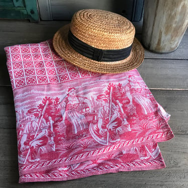 Antique French Bistro Tablecloth, Red Cotton, Pastoral Scenes, Picnic, French Farmhouse, Farm Table 