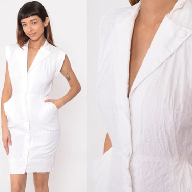 80s Button Up Dress White Cotton Embossed Mini Dress Shirtdress Cap Sleeve Cinched High Waisted Pencil Sheath Plain Vintage 1980s Small S 4 