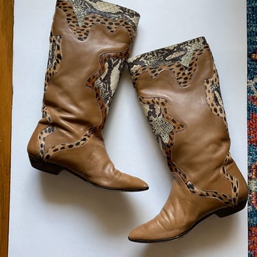 80's Vintage Boots, Leather Snakeskin Boots, Low Heel, Phyllis Poland, 6 6.5 Narrow 