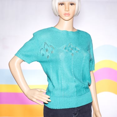 Vintage 1980s Turquoise Short Sleeved Sweater | Small/Medium | i-17 