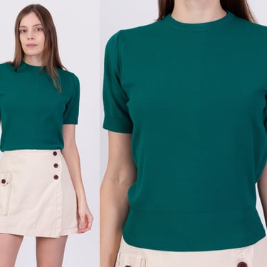 60s Emerald Green Knit Top - Small | Vintage Banlon Knits Short Sleeve Ribbed Trim Shirt 