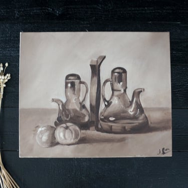 Original Antique Vintage 1970s Oil Painting on Canvas, Still Life with Decanters and Apples French Kitchen Scene, Signed Original Art 