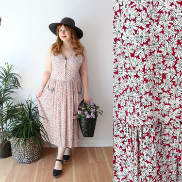 SIZE L - Carol Anderson Maxi Dress - Vintage 90s Floral Maxi Dress Long Flowy - Ditsy Micro Floral Cottagecore Boho Red 