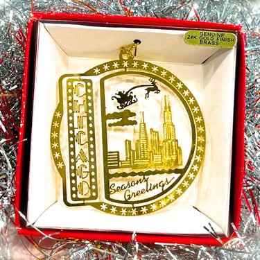 VINTAGE: 24K Solid Brass 3D Ornament in Box - CHICAGO Seasons Greeting - Nations Treasures - Tree Decorations - SKU 25-B-00033632 