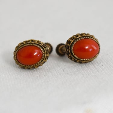 1940s Gilt Filigree and Carnelian Screw Back Earrings 