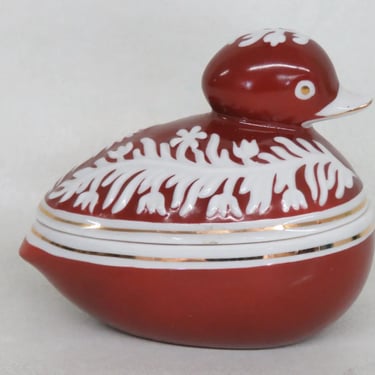 Hollohaza Hungary Porcelain Duck Trinket Box Burgundy With Lid 2916B