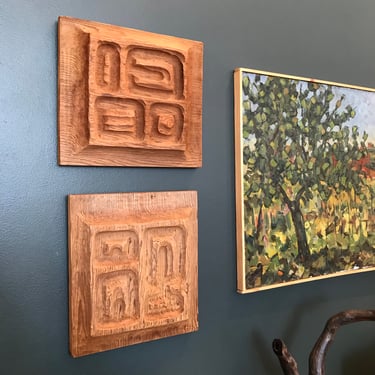 Pair Vintage Carved Redwood Panels