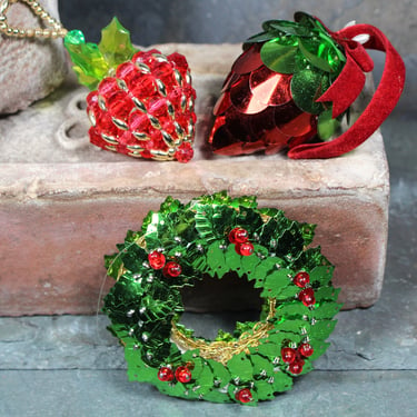 Vintage Beaded Christmas Ornaments | Set of 3 | Bead & Sequins Ornaments - Wreath and 2 Strawberries | 1960s Ornaments | Bixley Shop 