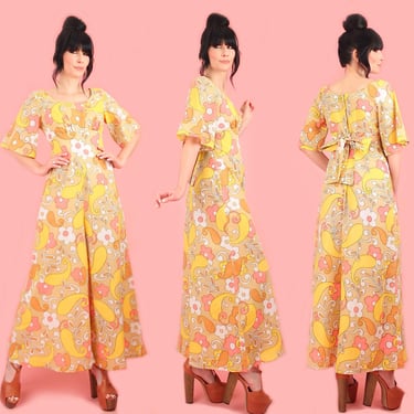 ViNtAgE 60's Flower Power Cotton Jumpsuit // Palazzo Pants 1960's Bell Bottoms Floral Allover Print Playsuit Romper Maxi Hostess Dress Mod M 