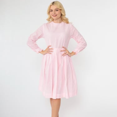 1960s Pink Checkered Dress Vintage Pastel Midi Mad Men 60s Pleated Day Dress Ruffled Long sleeve High Waisted Full Skirt Extra Small xs 0 