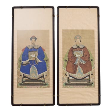 Pair of Chinese Patriarch Matriarch Ancestral Portraits