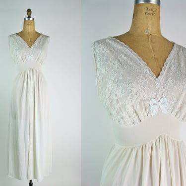 60s White Lace Slip Dress / Bow Lingerie / 50s Lingerie / Wedding Lingerie / Size S/M 