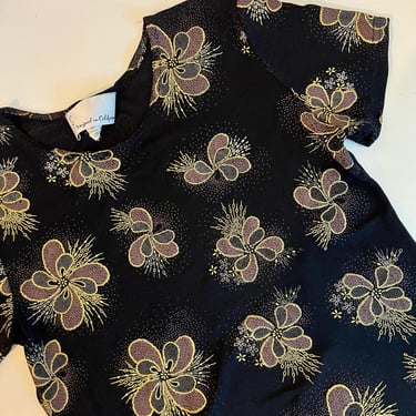 Vintage 90s PSE USA Made Black Stretchy Floral Embellished Top Tee S/M 