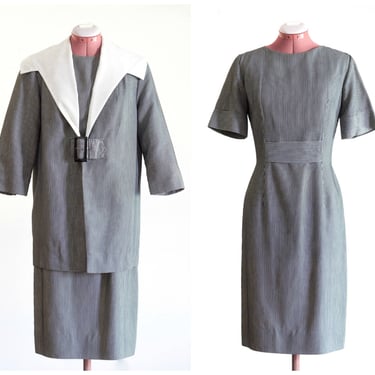 Vintage 1950s Gray Striped Dress Set 