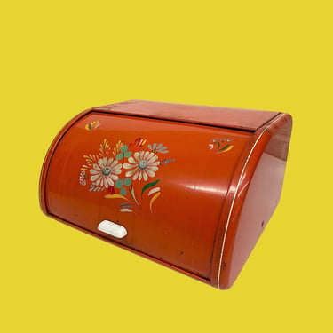 Vintage Bread Box Retro 1960s Mid Century Modern + Ransburg + Tin Metal + Roll Top + Orange Red + Hand Painted Flowers + MCM Kitchen Storage 