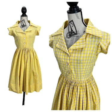 Vintage 50's Yellow Gingham Shirtwaist Dress Size Small w/ Metal Zipper