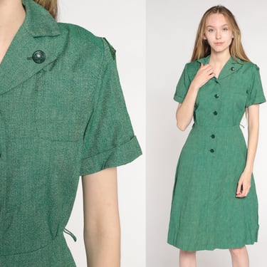 Girl Scout Uniform Dress 50s Midi Button Up Dress Patch 1950s Vintage Short Sleeve High Waisted Retro Green School Girl Small S 