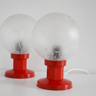 Vintage 80's Postmodern Pair of Table Lamps/ Nigstand Popart Lamp/ White Marbleised Glass Globe/ Yugoslavia Postmodern Design/ Retro Light 