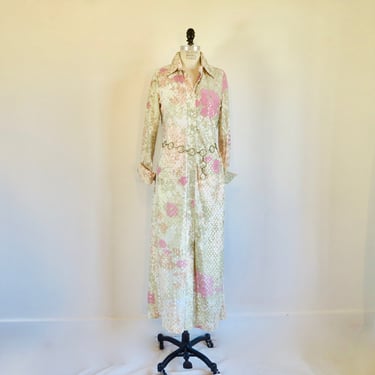 1970's Pink and Gold Jersey Knit Shirtwaist Maxi Dress Collared Long Sleeves Chain Belt 70's Spring Summer Resort Hippie Boho Size Medium 