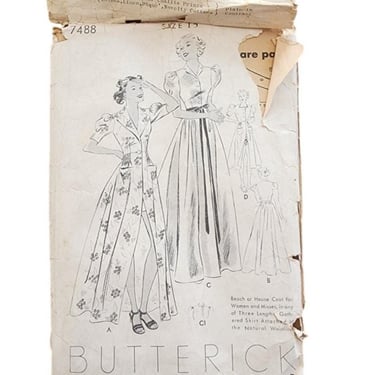 Vintage 30s Sewing Pattern ORIGINAL:  Robe, Beach or House Coat Butterick 7488 