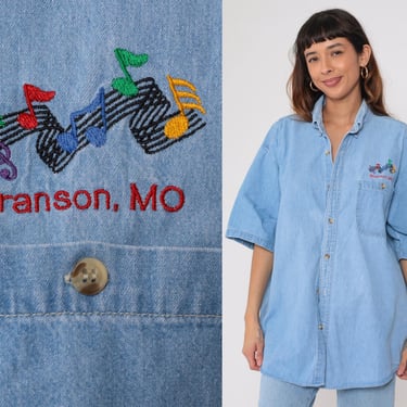 Denim Branson Missouri Shirt Music Note Blue Jean Shirt Collar 1990s Short Sleeve Boyfriend Button Up Vintage Retro Oversize Extra Large xl 