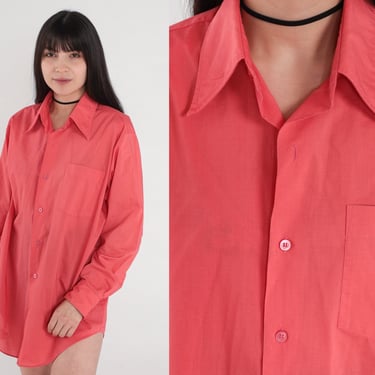 70s Button Up Shirt Coral Pink Long Sleeve Collared Shirt Basic Plain Preppy Simple Oxford Seventies Minimalist Vintage 1970s Men's Large L 