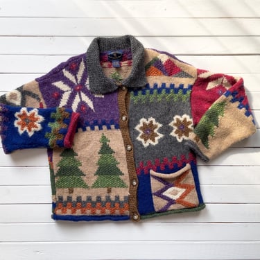 embroidered wool sweater 90s vintage Charter Club winter pine tree patchwork cardigan 