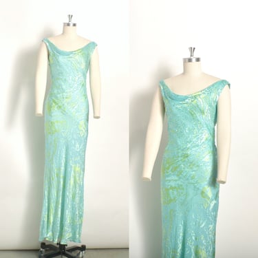 Vintage 2000s Dress / Y2K Diane Freis Floral Beaded Satin Gown / Blue Green ( XS S ) 