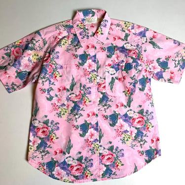 Vintage 80s Pink Floral Cottagecore Blouse Size Large 