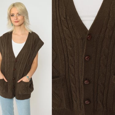 Brown Sweater Vest 90s Cable Knit Vest Top Button up Sleeveless Sweater Pocket V Neck Retro Acrylic Preppy Vintage 1990s Extra Large xl 