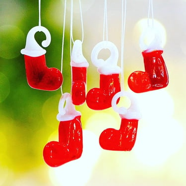 SUPPLY: 8 Lamp Work Glass Mini Christmas Red Stockings Charms - Mini Feather Tree - Jewelry Making - Handcrafted - Holiday - SKU-C5-00031374 