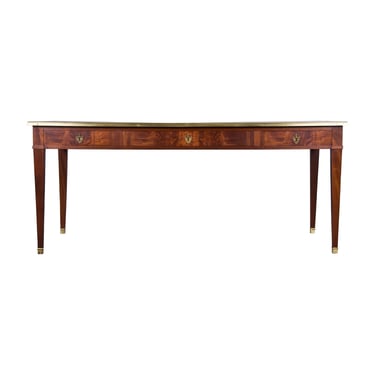 French Louis XVI Neoclassical Style Mahogany Writing Desk W/ Brown Leather Top 