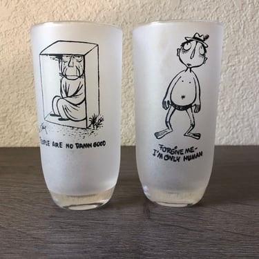 Mid Century Barware, Vintage William Steig Artist Humorous Frosted High Ball Glasses Barware, Cartoon W. Steig Frosted Tumblers, Funny Bar 