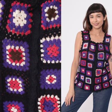 Granny Square Crochet Vest 70s Afghan Knit Hippie Tank Top Boho Vest Open Weave Patchwork Bohemian 1970s Black Pink Purple Hippy Small 